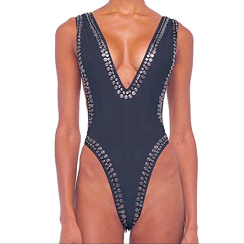 Norma Kamali Black One-Piece Swimsuit with Silver Stud Trim